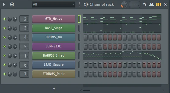 Screenshot 1: Channel Rack in FL Studio wth loaded Soundfont Players, colored in dirrerent hues