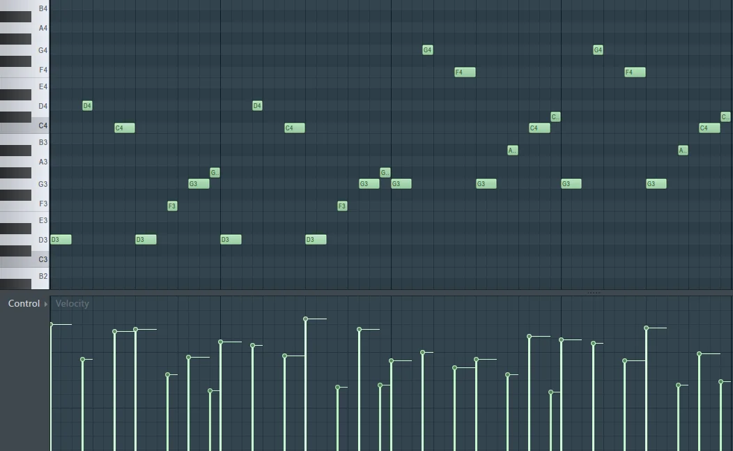 Screenshot 3: Bass part with bright red notes, octave jumps, and pale 